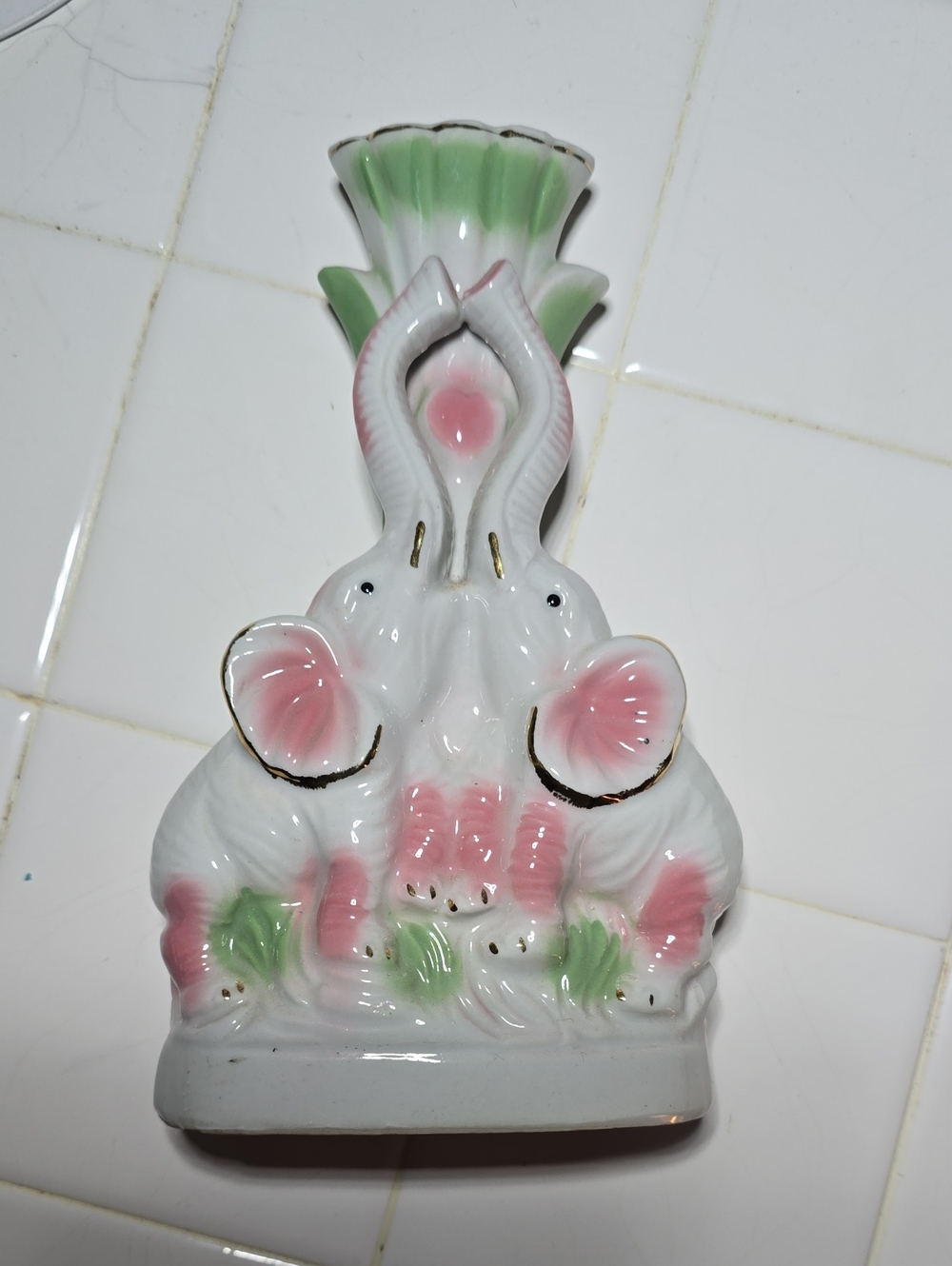 Vintage Porcelain Elephant Vase Accent in White, Pink & Green